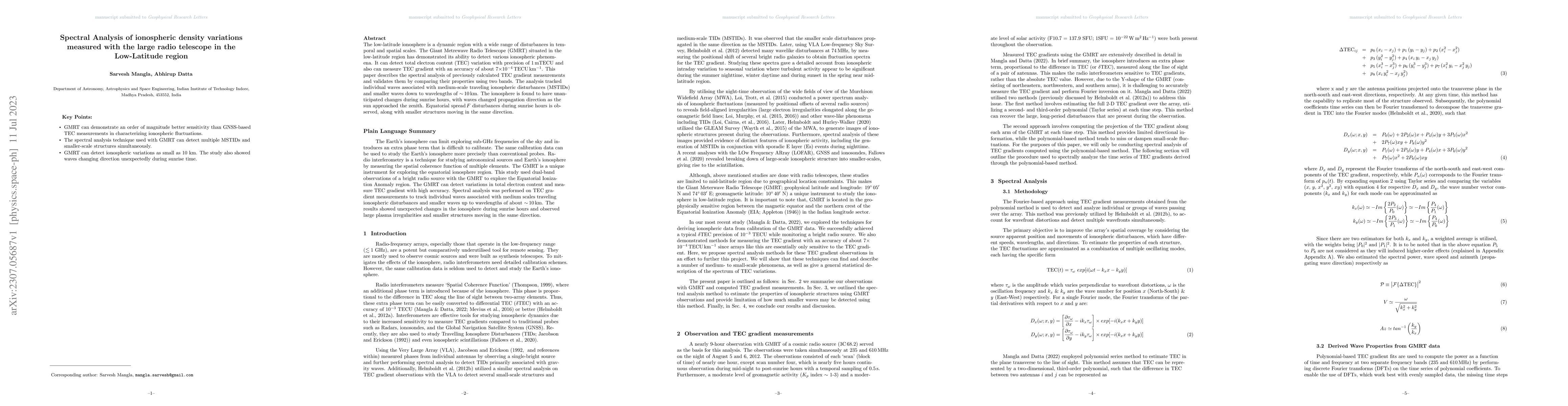 Thumbnail for Spectral Analysis of ionospheric density variations measured with the
  large radio telescope in the Low-Latitude region