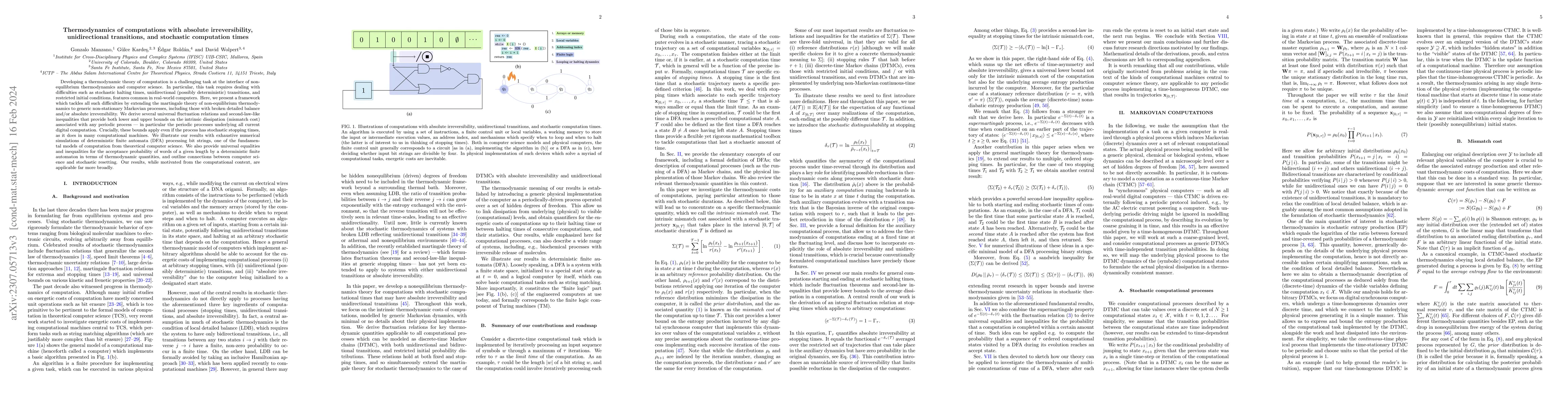 Thumbnail for Thermodynamics of computations with absolute irreversibility,
  unidirectional transitions, and stochastic computation times