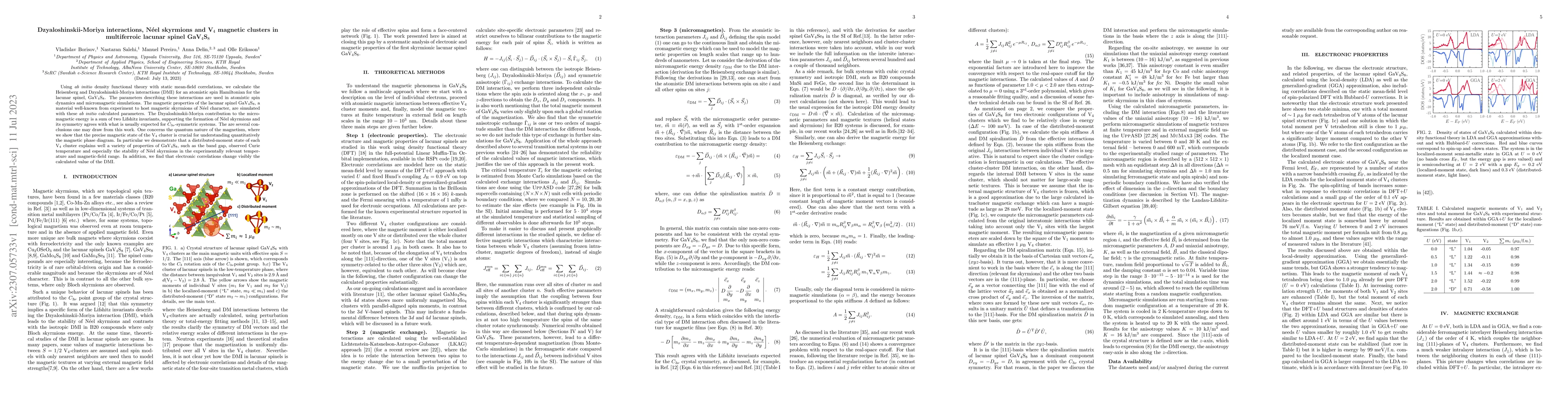 Thumbnail for Dzyaloshinskii-Moriya interactions, N\'eel skyrmions and V$_4$ magnetic
  clusters in multiferroic lacunar spinel GaV$_4$S$_8$