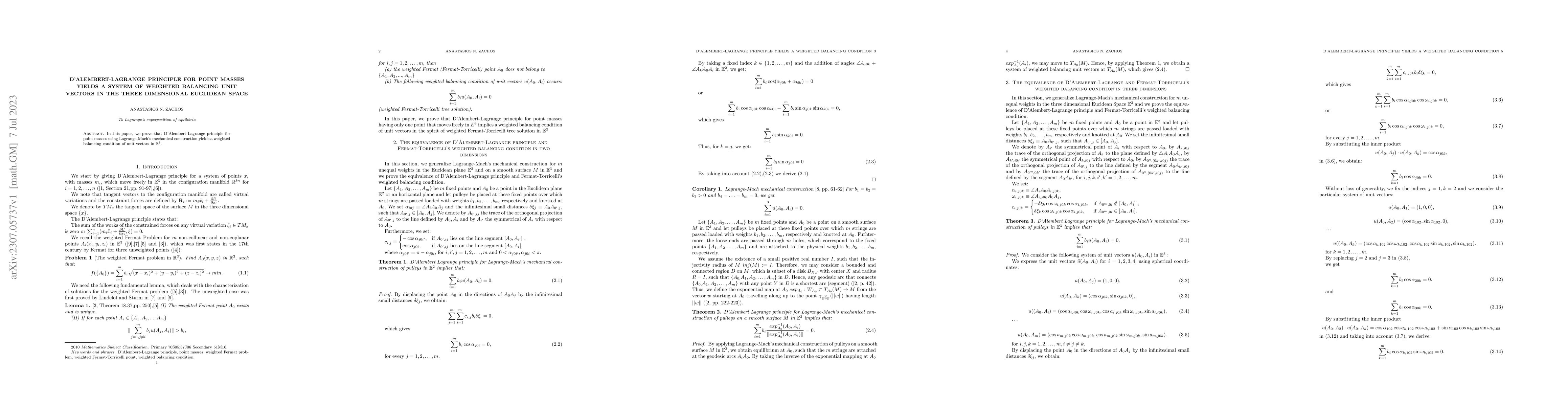 Thumbnail for D'Alembert-Lagrange principle for point masses yields a system of
  weighted balancing unit vectors in the three dimensional Euclidean Space