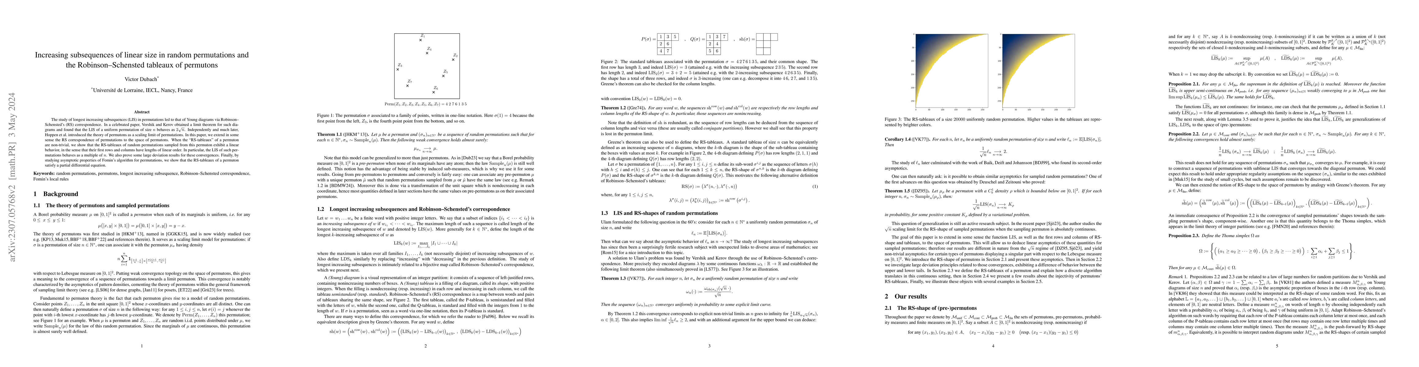 Thumbnail for Increasing subsequences of linear size in random permutations and the
  Robinson-Schensted tableaux of permutons