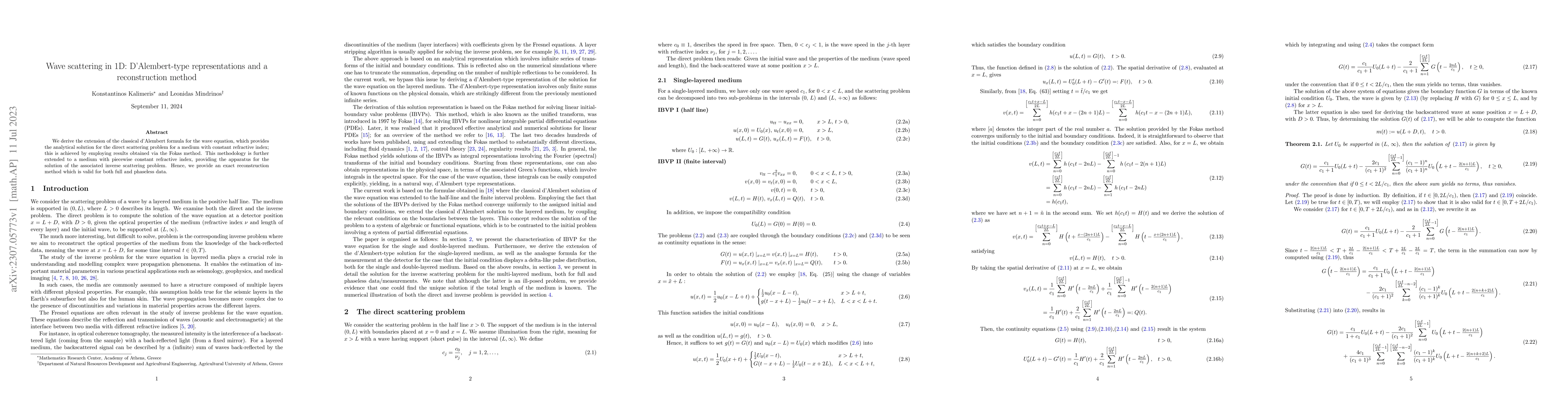 Thumbnail for Wave scattering in 1D: D'Alembert-type representations and a
  reconstruction method