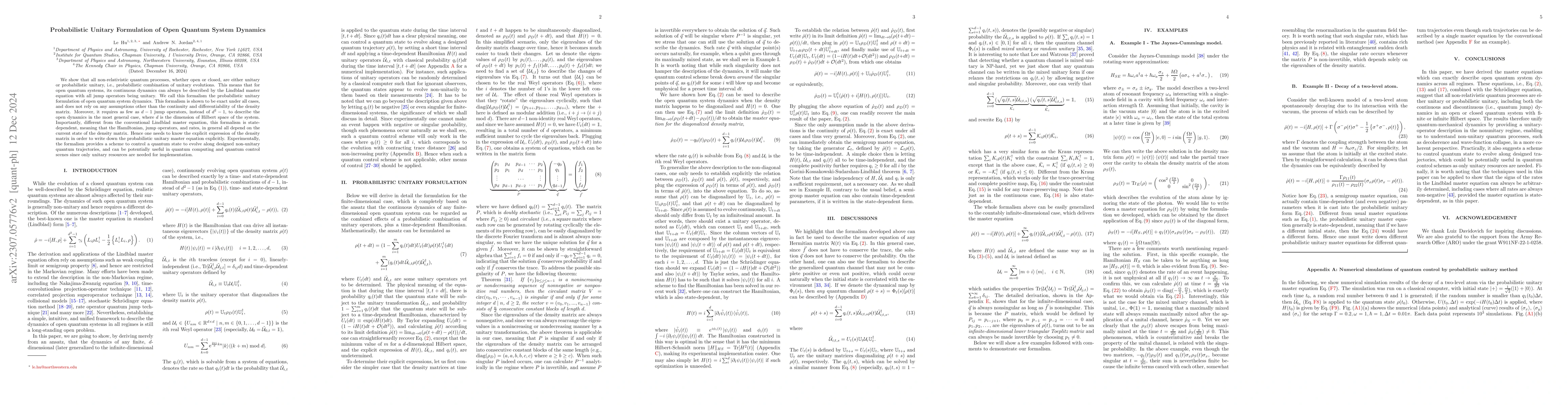 Thumbnail for Probabilistic Unitary Formulation of Open Quantum System Dynamics