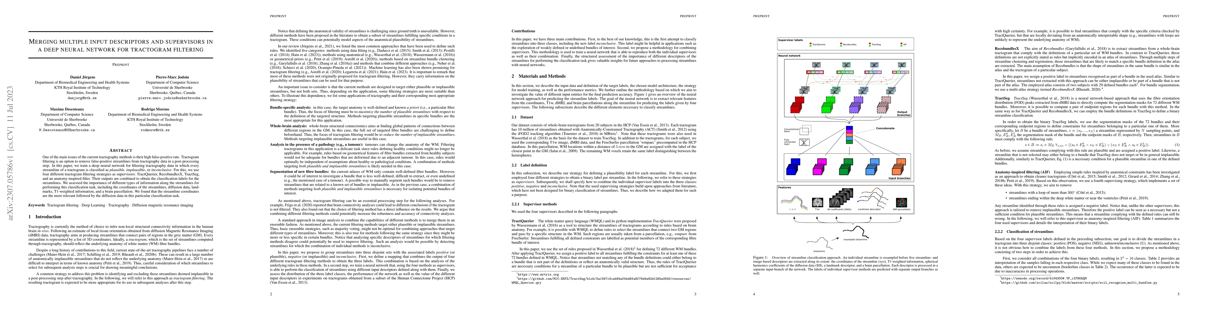 Thumbnail for Merging multiple input descriptors and supervisors in a deep neural
  network for tractogram filtering