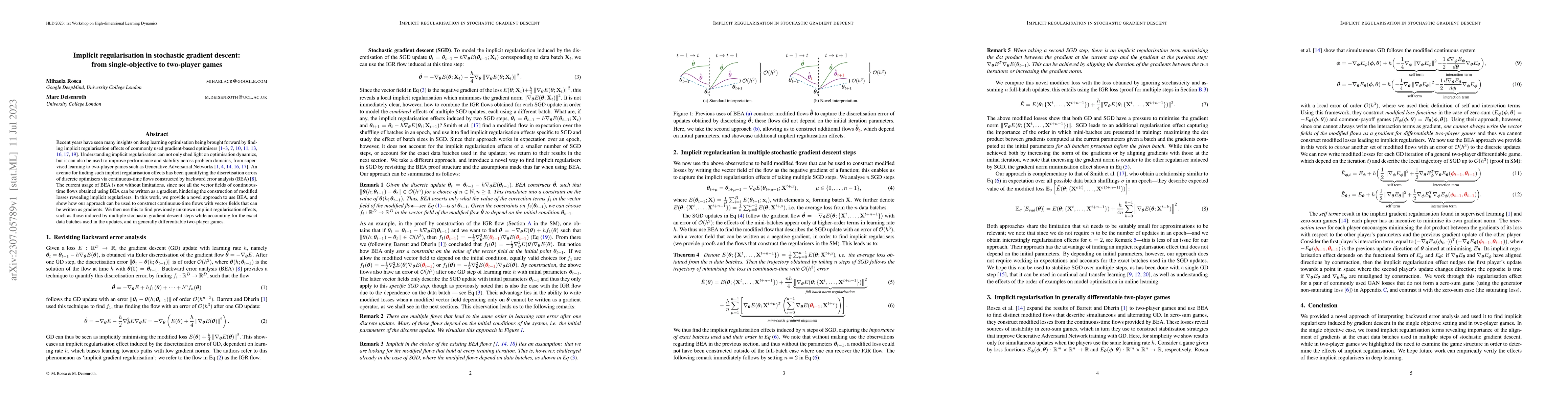 Thumbnail for Implicit regularisation in stochastic gradient descent: from
  single-objective to two-player games
