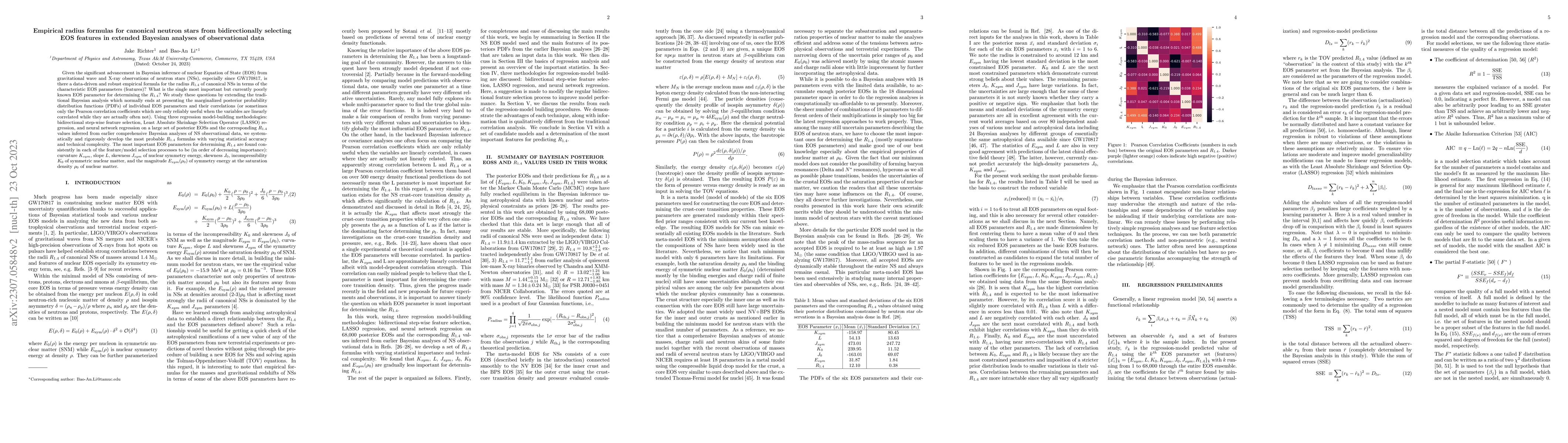 Thumbnail for Empirical radius formulas for canonical neutron stars from
  bidirectionally selecting EOS features in extended Bayesian analyses of
  observational data