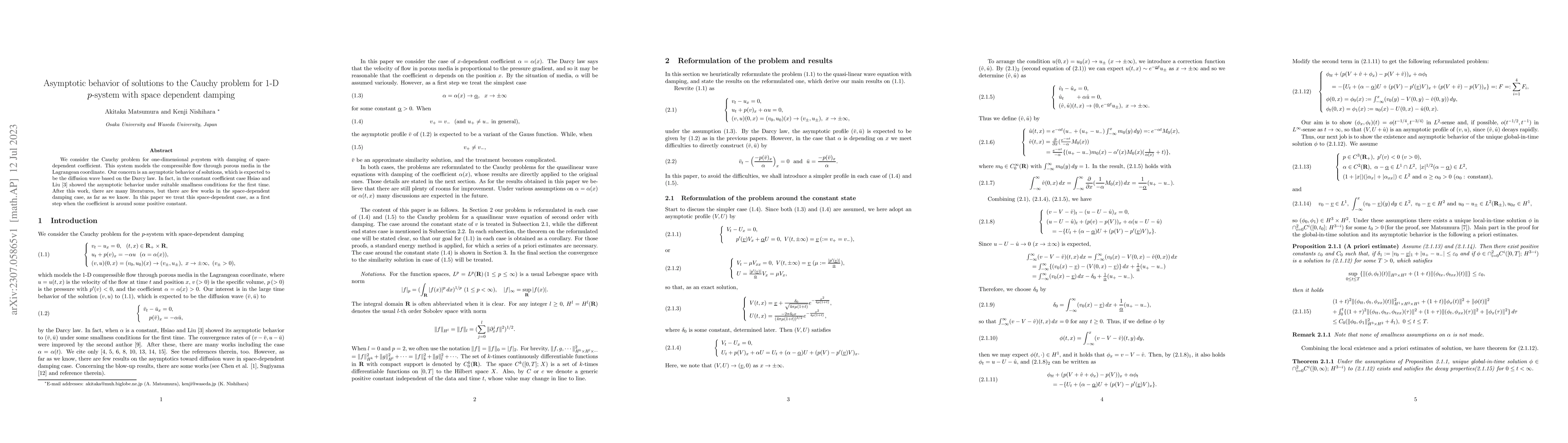 Thumbnail for Asymptotic behavior of solutions to the Cauchy problem for 1-D p-system
  with space dependent damping
