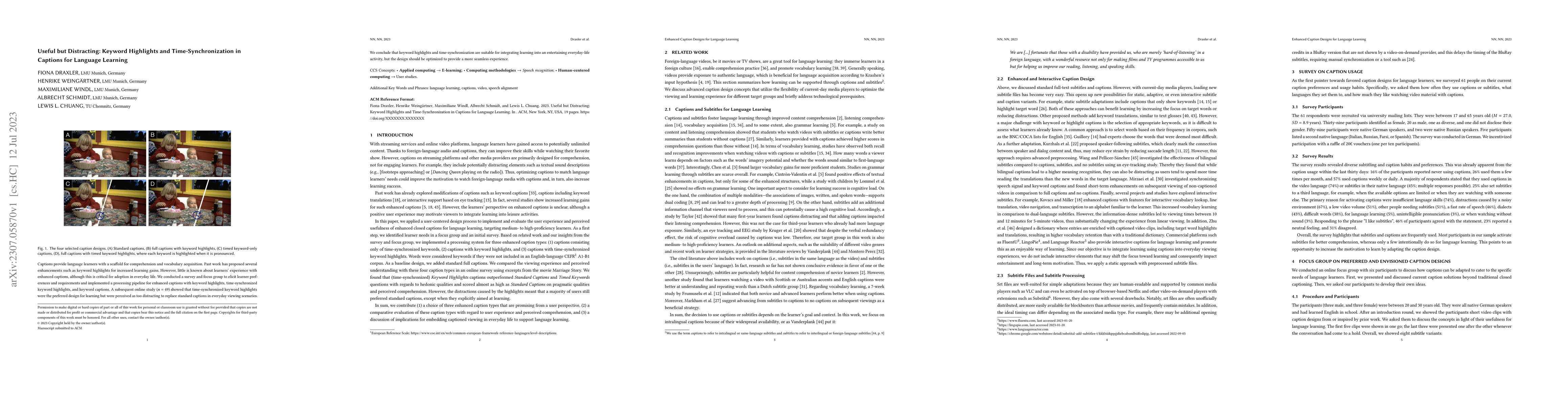 Thumbnail for Useful but Distracting: Keyword Highlights and Time-Synchronization in
  Captions for Language Learning