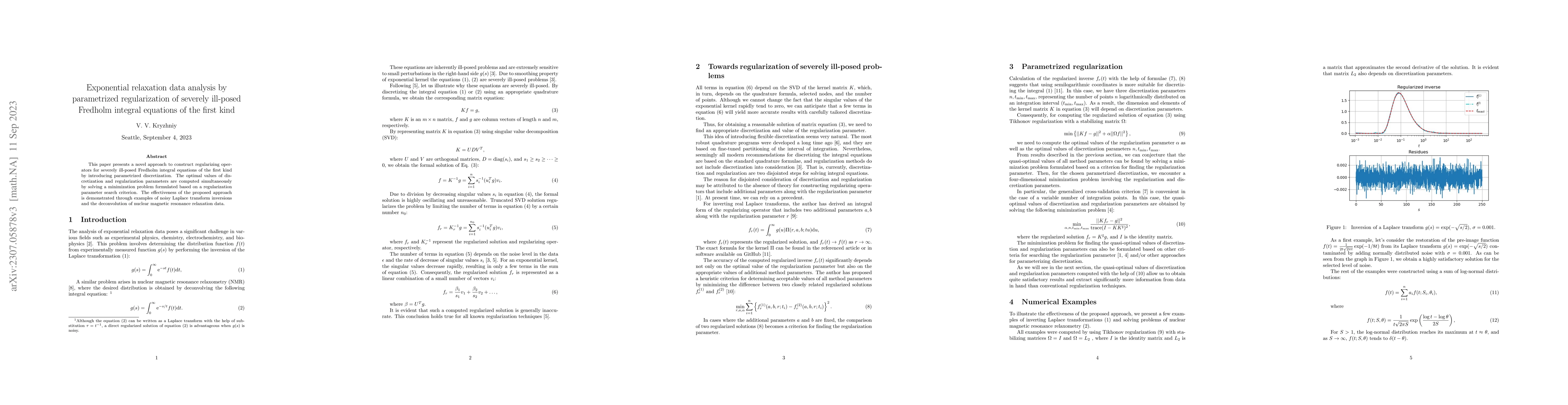 Thumbnail for Exponential relaxation data analysis by parametrized regularization of
  severely ill-posed Fredholm integral equations of the first kind