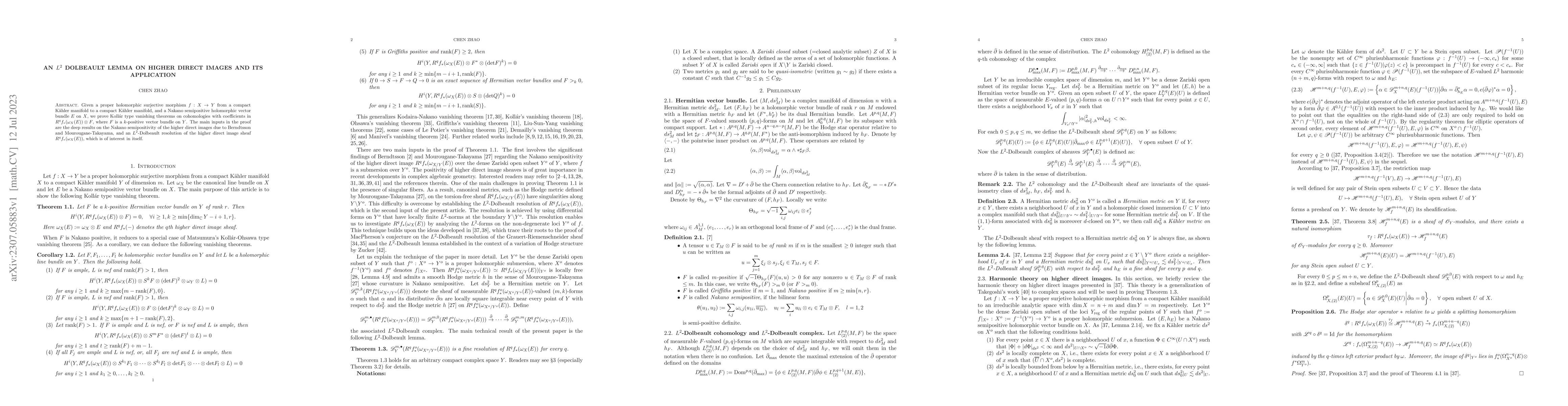 Thumbnail for An $L^2$ Dolbeault lemma on higher direct images and its application