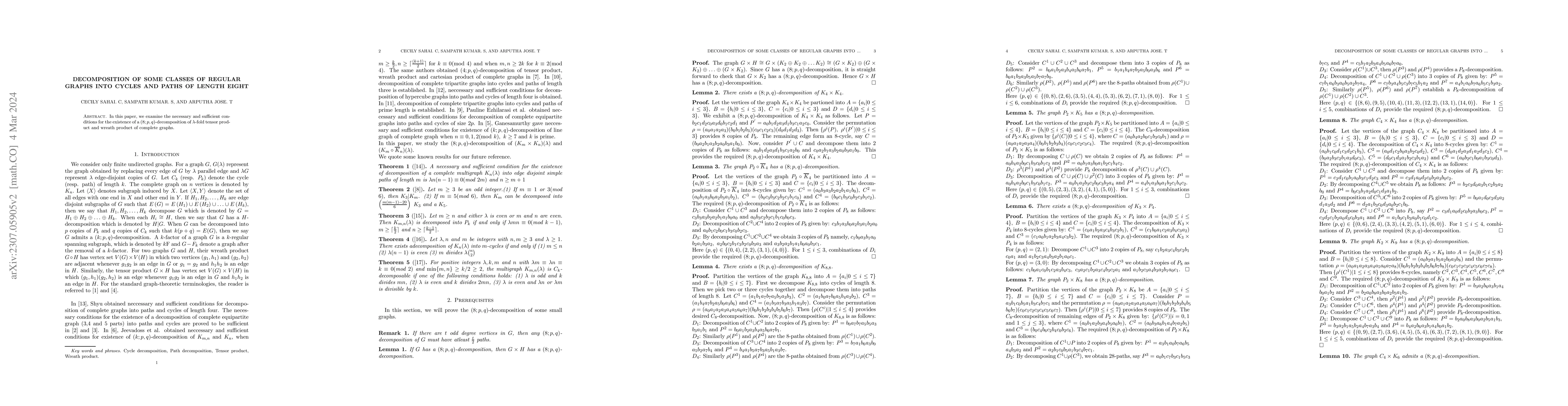 Thumbnail for Decompositions of some classes of regular graphs into cycles and paths
  of length eight