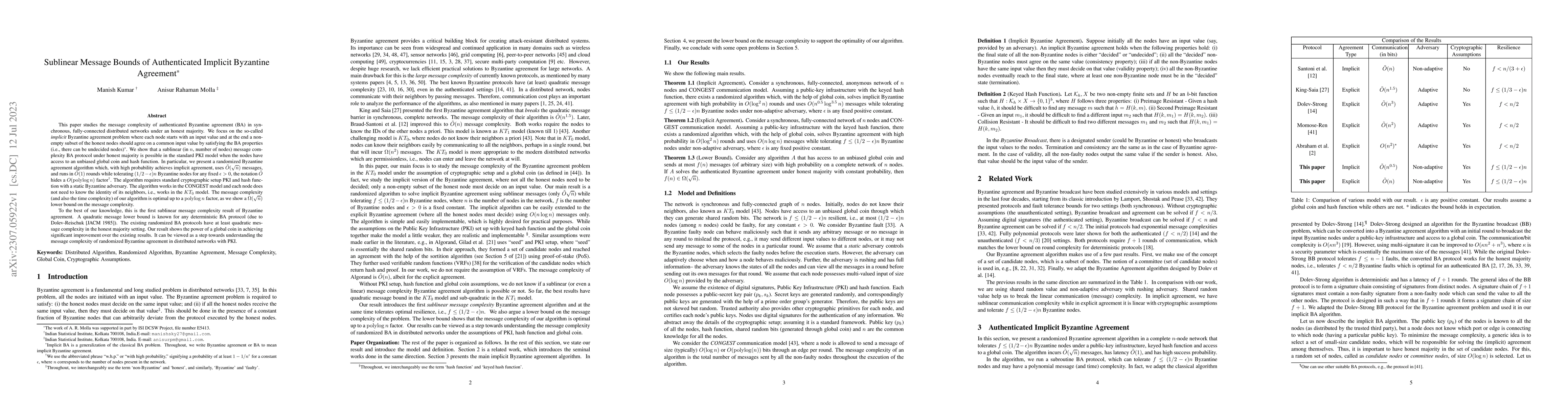 Thumbnail for Sublinear Message Bounds of Authenticated Implicit Byzantine Agreement