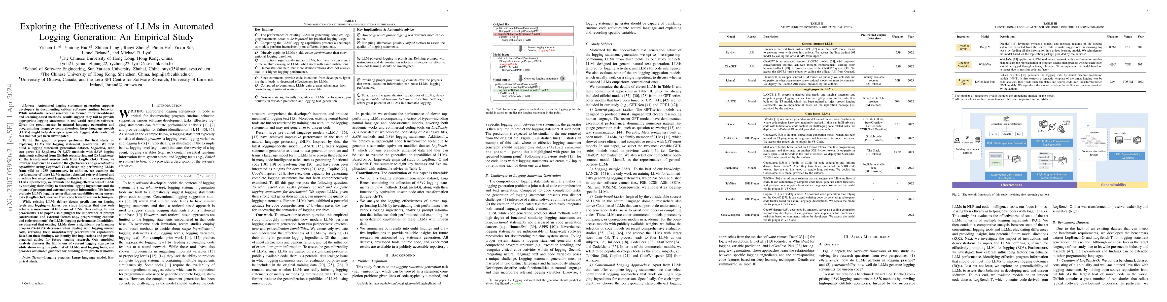 Thumbnail for Exploring the Effectiveness of LLMs in Automated Logging Generation: An
  Empirical Study