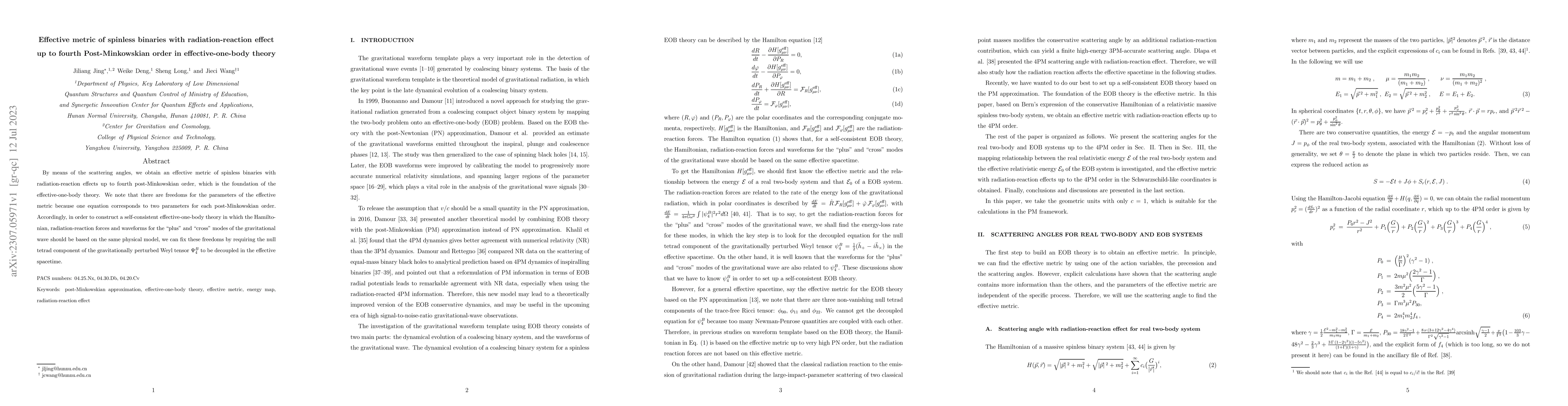 Thumbnail for Effective metric of spinless binaries with radiation-reaction effect up
  to fourth Post-Minkowskian order in effective-one-body theory