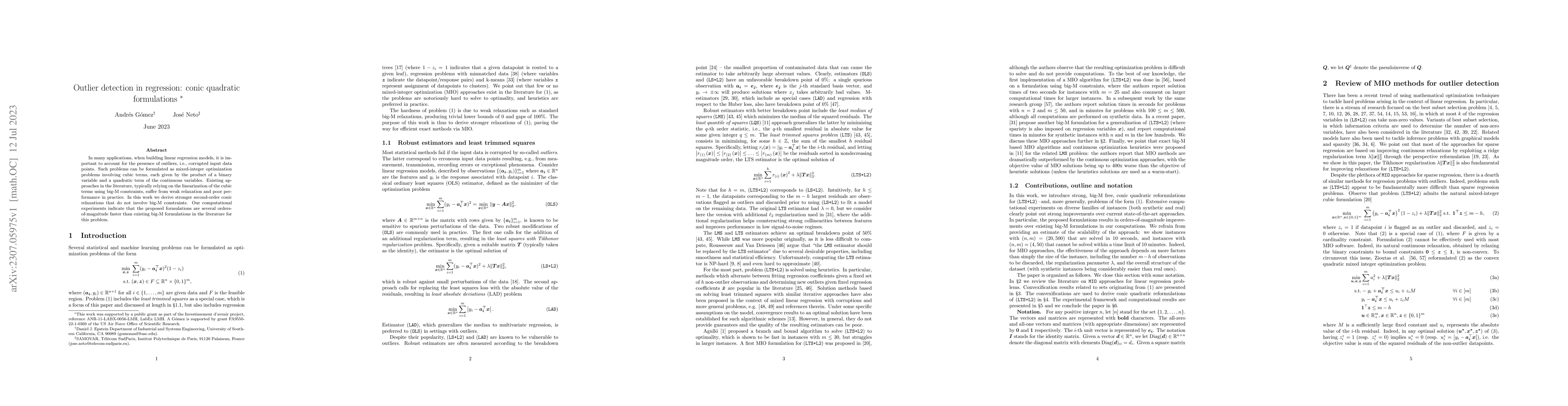Thumbnail for Outlier detection in regression: conic quadratic formulations