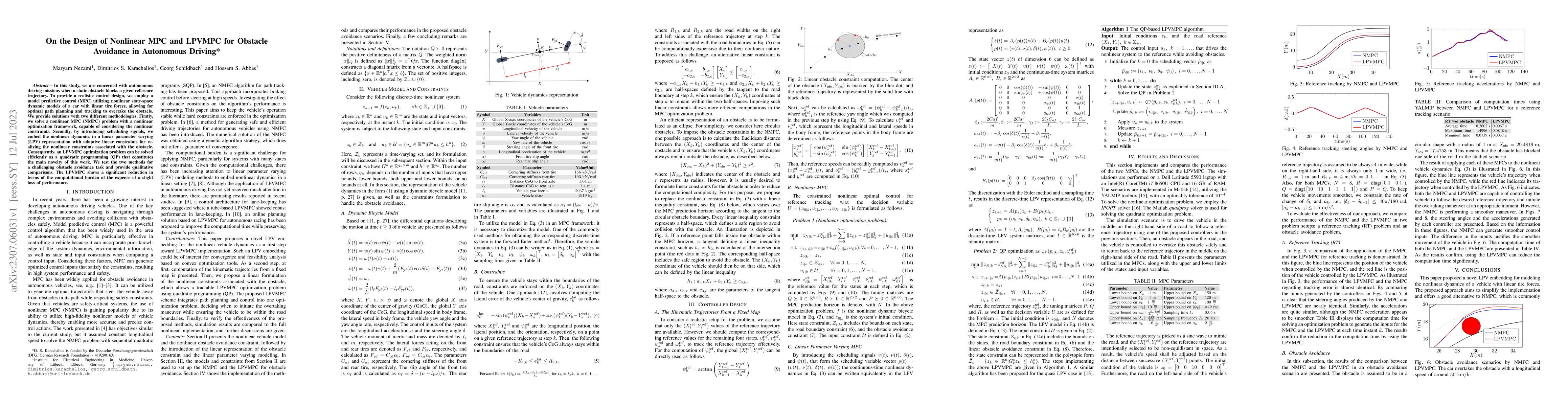 Thumbnail for On the Design of Nonlinear MPC and LPVMPC for Obstacle Avoidance in
  Autonomous Driving