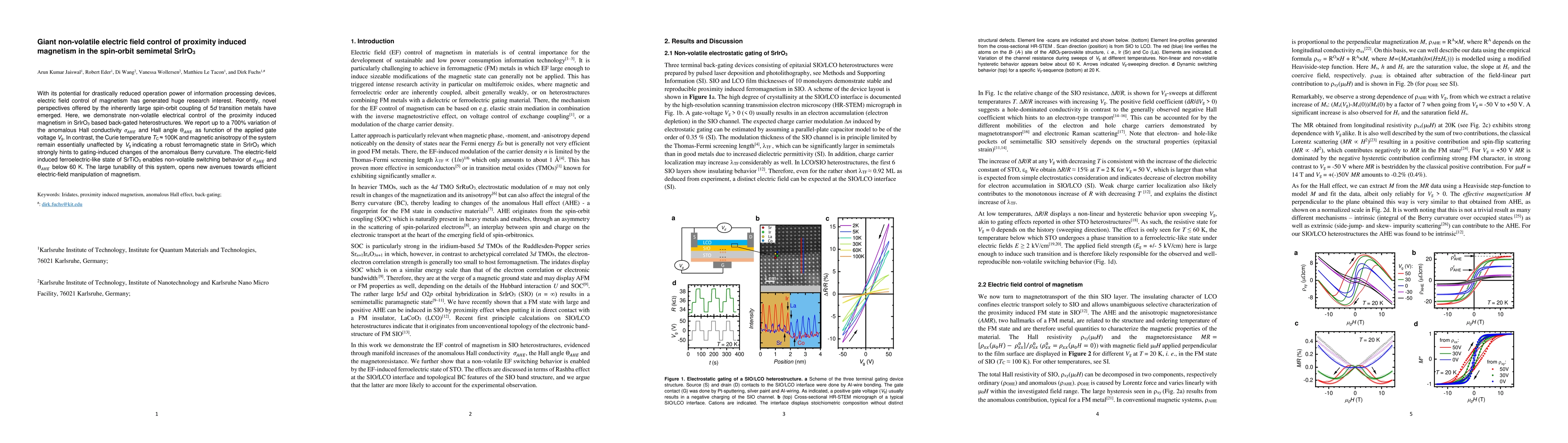 Thumbnail for Giant non-volatile electric field control of proximity induced magnetism
  in the spin-orbit semimetal SrIrO3