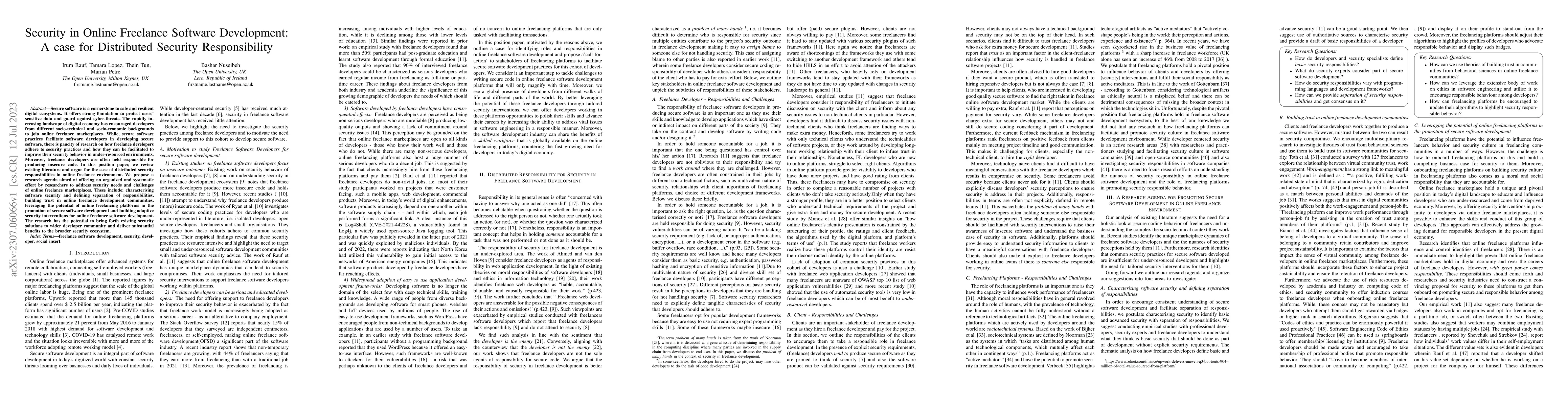Thumbnail for Security in Online Freelance Software Development: A case for
  Distributed Security Responsibility