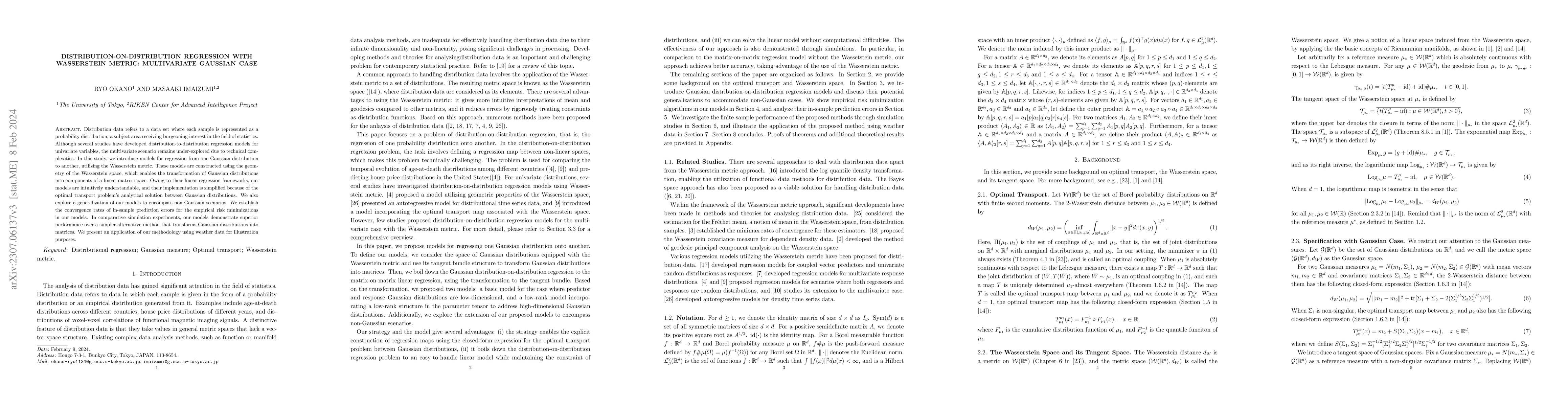 Thumbnail for Distribution-on-Distribution Regression with Wasserstein Metric:
  Multivariate Gaussian Case