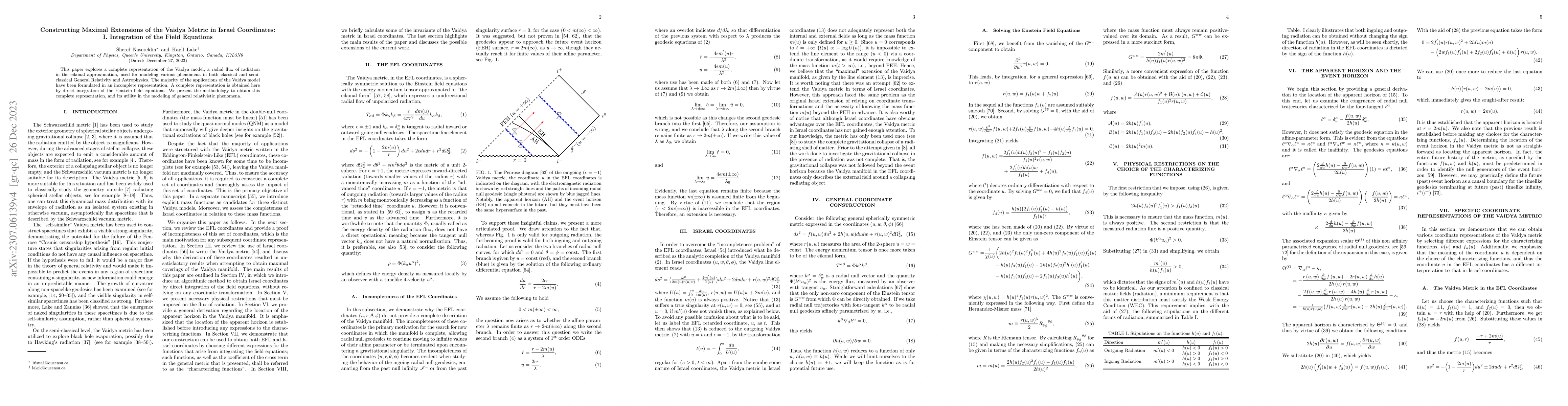 Thumbnail for Constructing Maximal Extensions of the Vaidya Metric in Israel
  Coordinates: I. Integration of the Field Equations