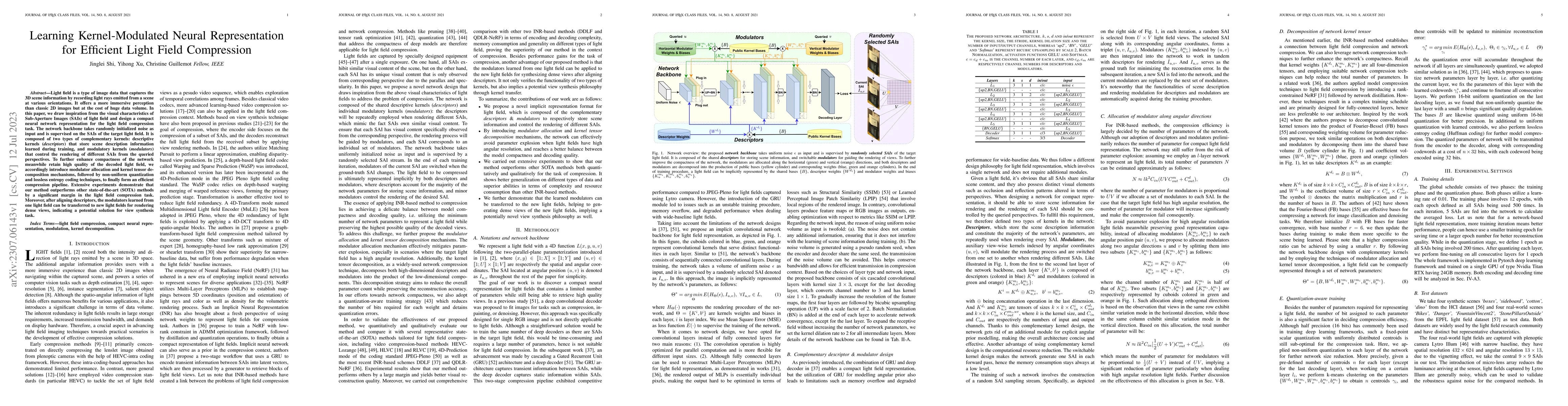 Thumbnail for Learning Kernel-Modulated Neural Representation for Efficient Light
  Field Compression