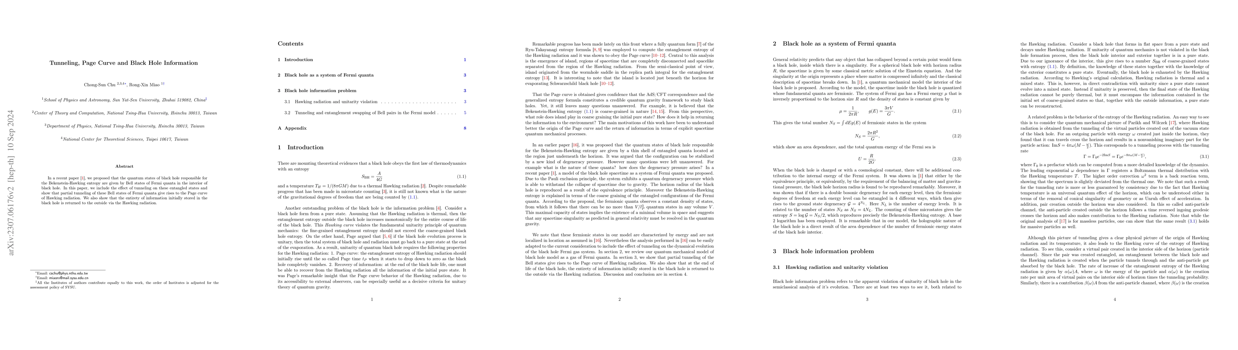 Thumbnail for Tunneling, Page Curve and Black Hole Information