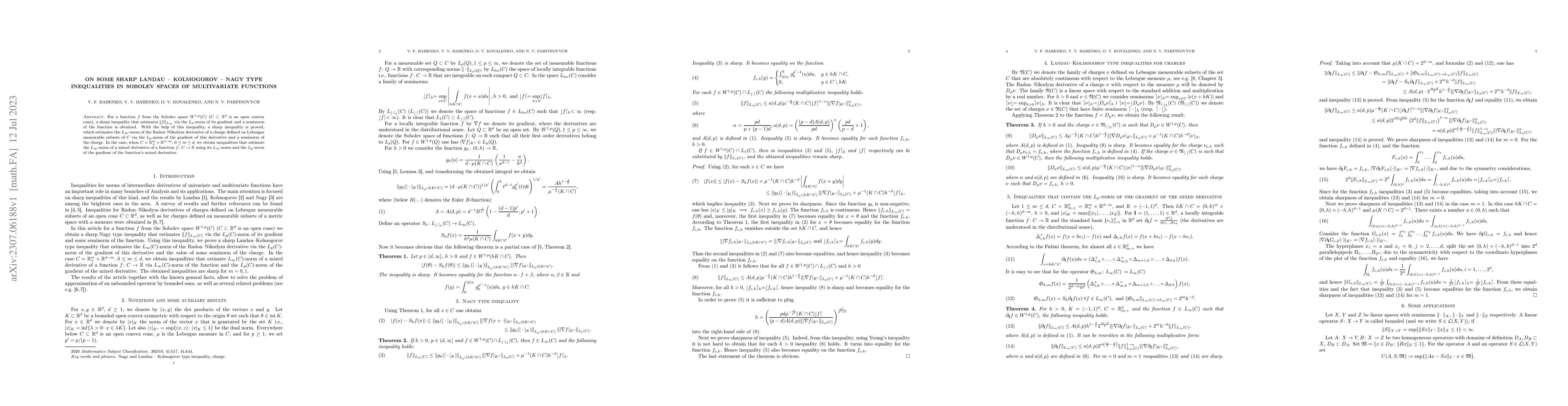 Thumbnail for On some sharp Landau--Kolmogorov--Nagy type inequalities in Sobolev
  spaces of multivariate functions