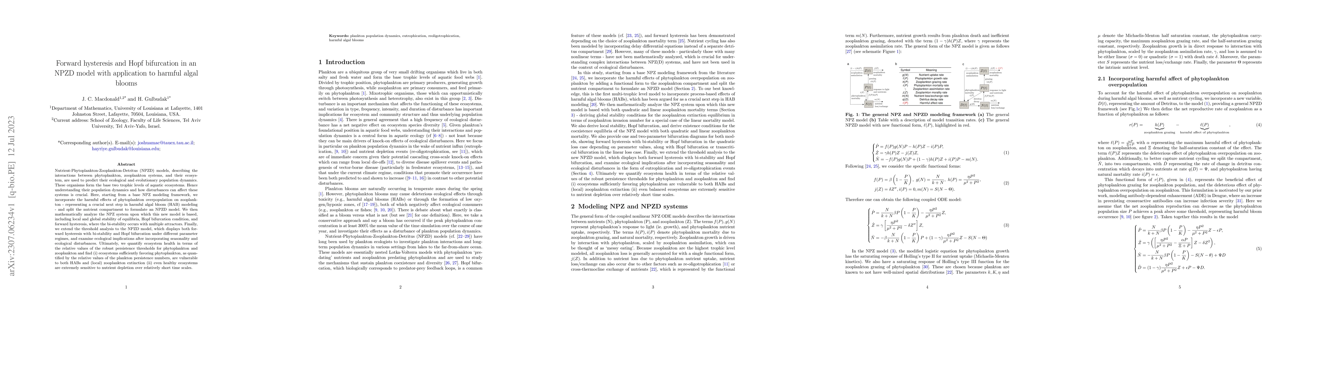 Thumbnail for Forward hysteresis and Hopf bifurcation in an NPZD model with
  application to harmful algal blooms