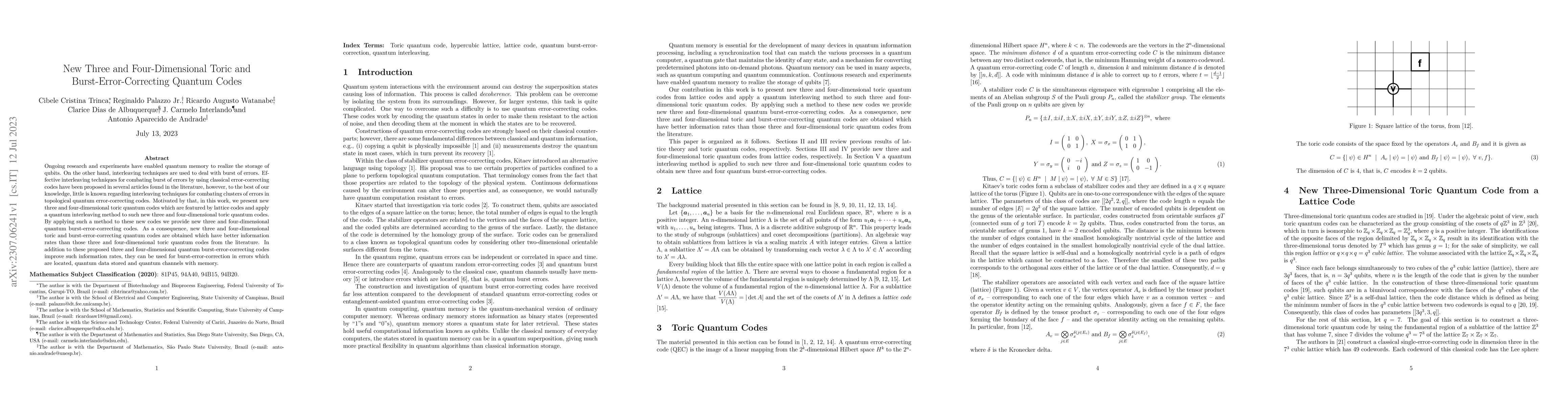 Thumbnail for New Three and Four-Dimensional Toric and Burst-Error-Correcting Quantum
  Codes