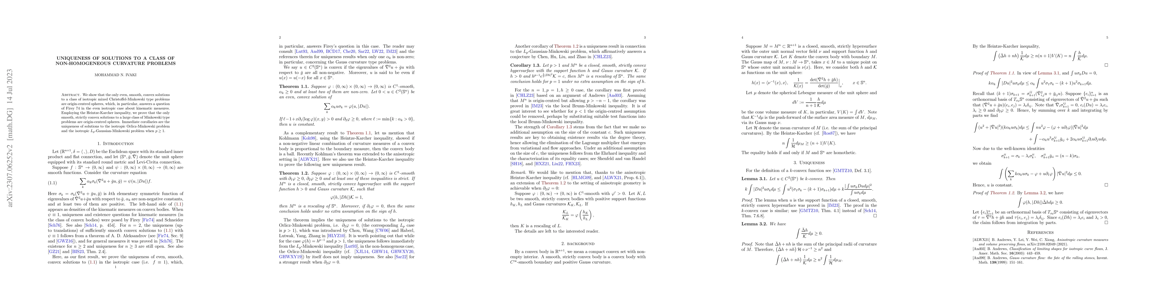 Thumbnail for Uniqueness of solutions to a class of non-homogeneous curvature problems