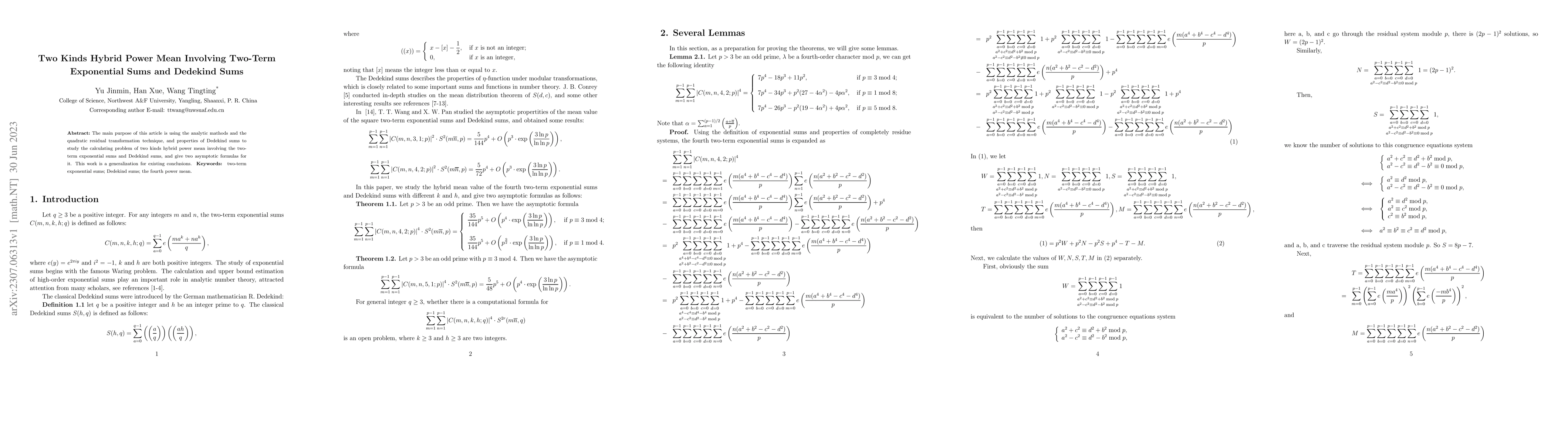 Thumbnail for Two Kinds Hybrid Power Mean Involving Two-Term Exponential Sums and
  Dedekind Sums