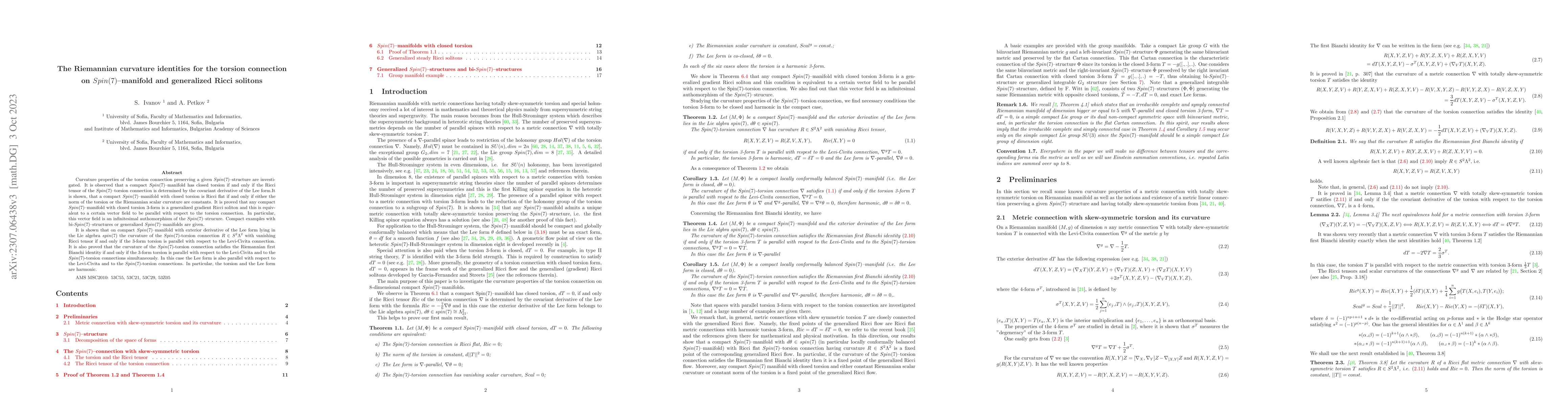 Thumbnail for The Riemannian curvature identities for the torsion connection on
  $Spin(7)$-manifold and generalized Ricci solitons