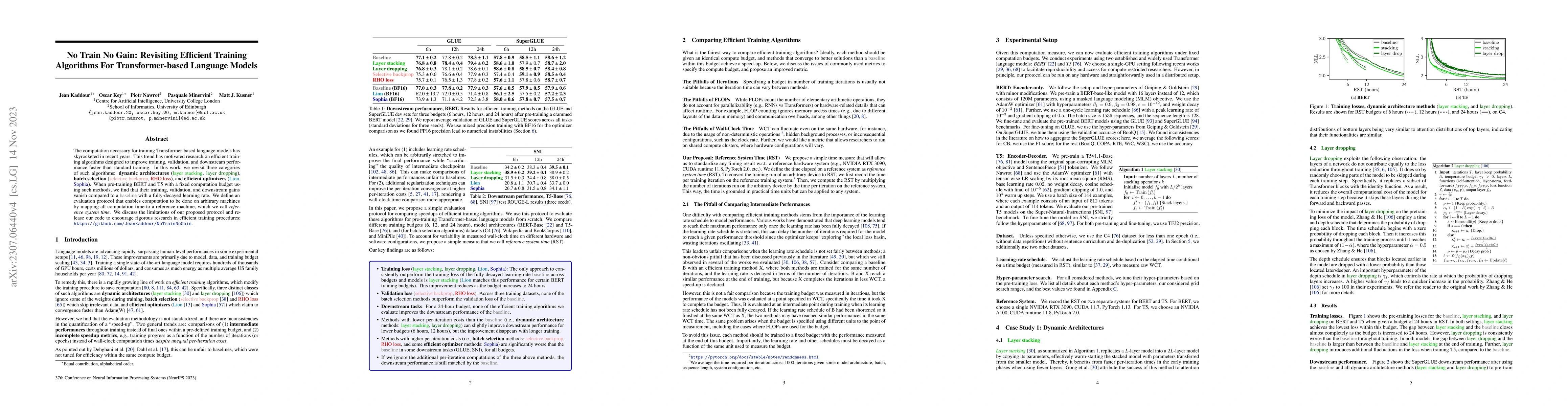 Thumbnail for No Train No Gain: Revisiting Efficient Training Algorithms For
  Transformer-based Language Models