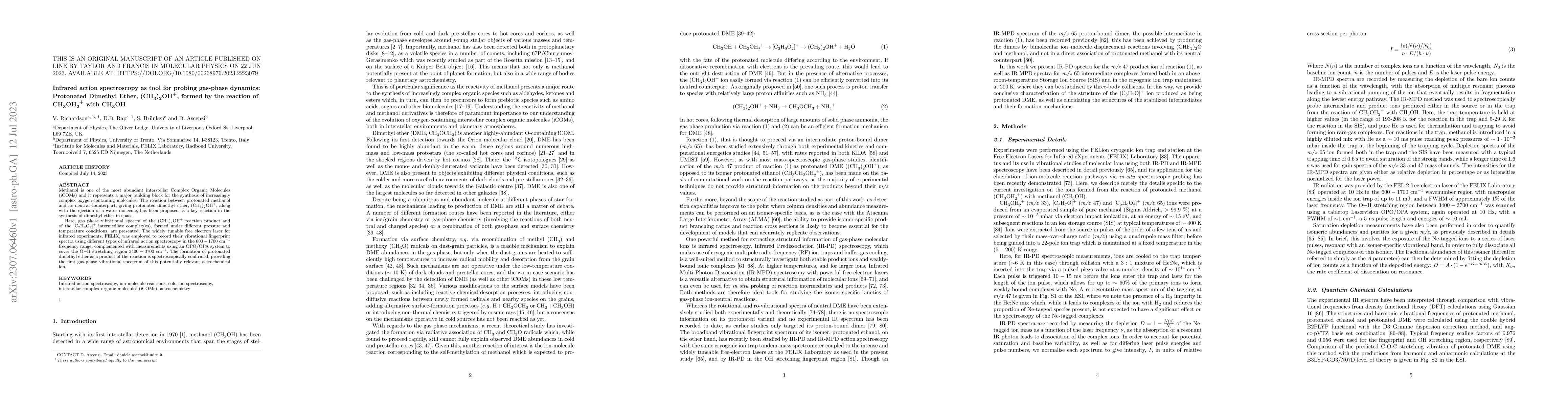 Thumbnail for Infrared action spectroscopy as tool for probing gas-phase dynamics:
  Protonated Dimethyl Ether, (CH$_3$)$_2$OH$^+$, formed by the reaction of
  CH$_3$OH$_{2}^{+}$ with CH$_3$OH