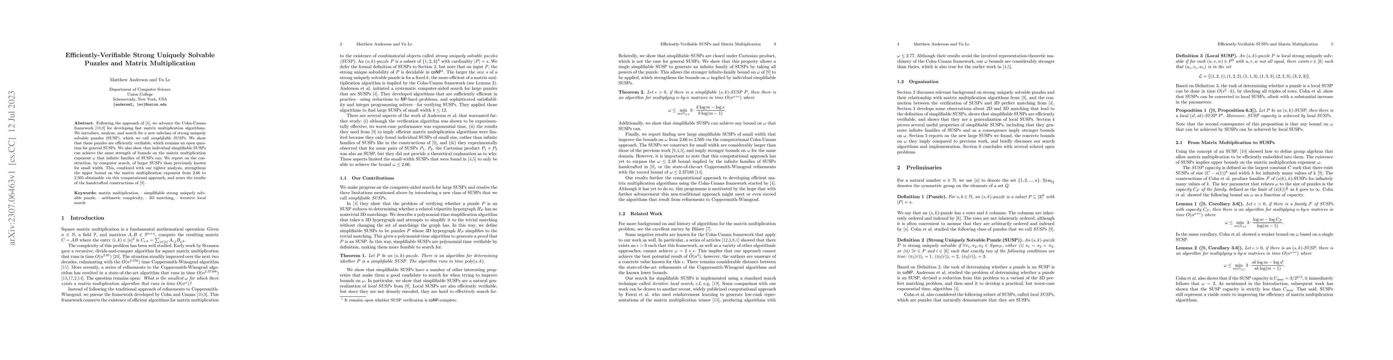 Thumbnail for Efficiently-Verifiable Strong Uniquely Solvable Puzzles and Matrix
  Multiplication