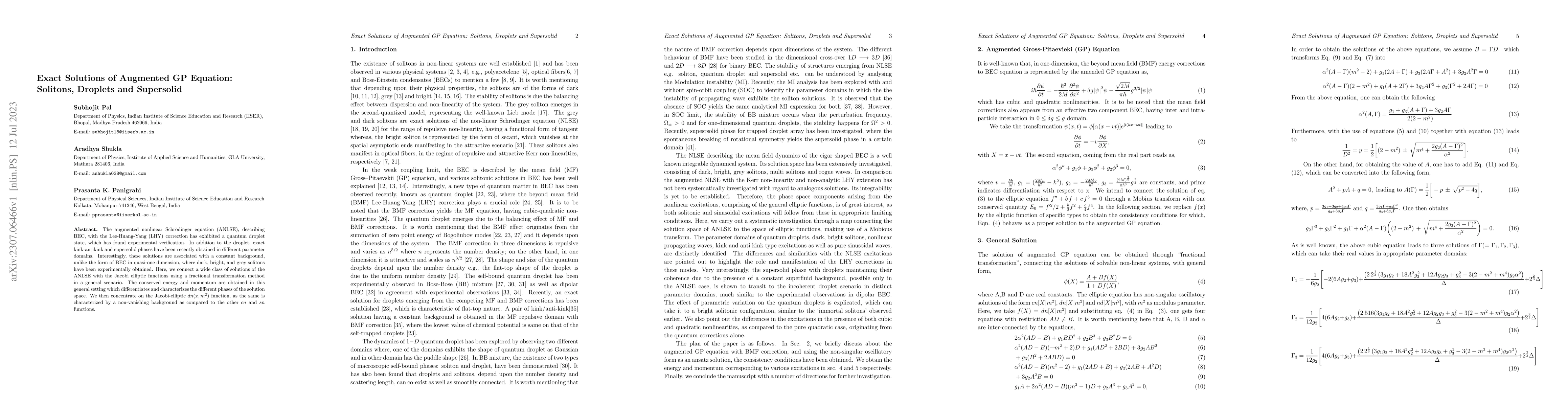Thumbnail for Exact Solutions of Augmented GP Equation: Solitons, Droplets and
  Supersolid