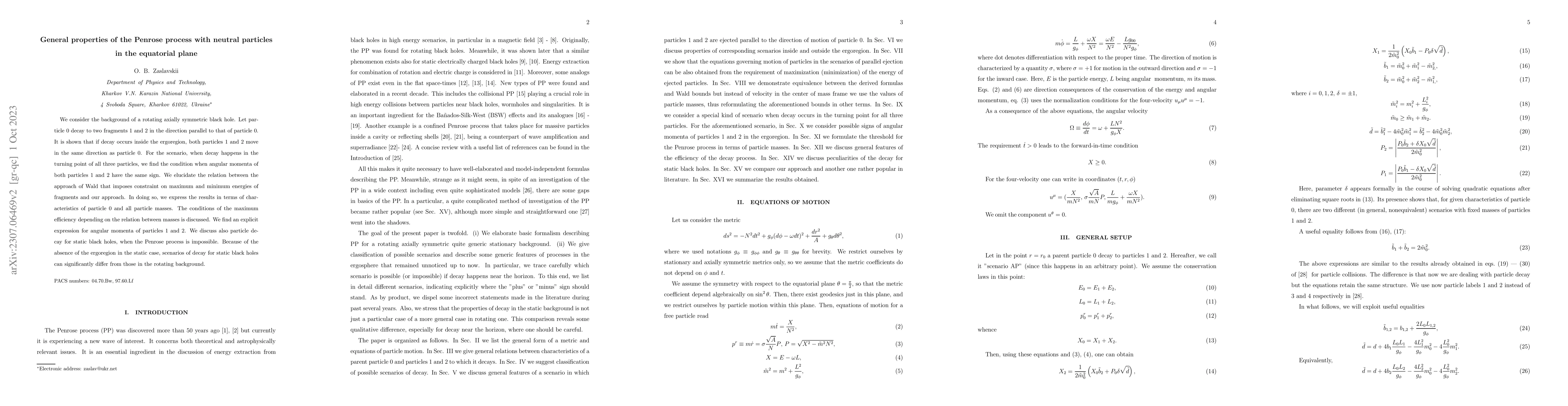 Thumbnail for General properties of the Penrose process with neutral particles in the
  equatorial plane