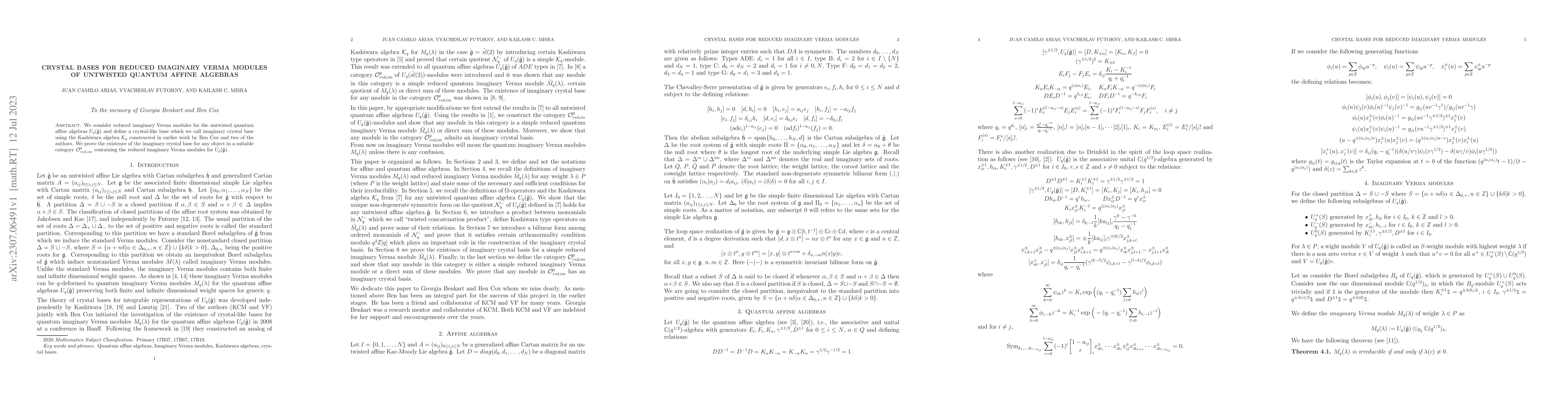 Thumbnail for Crystal bases for reduced imaginary Verma modules of untwisted quantum
  affine algebras
