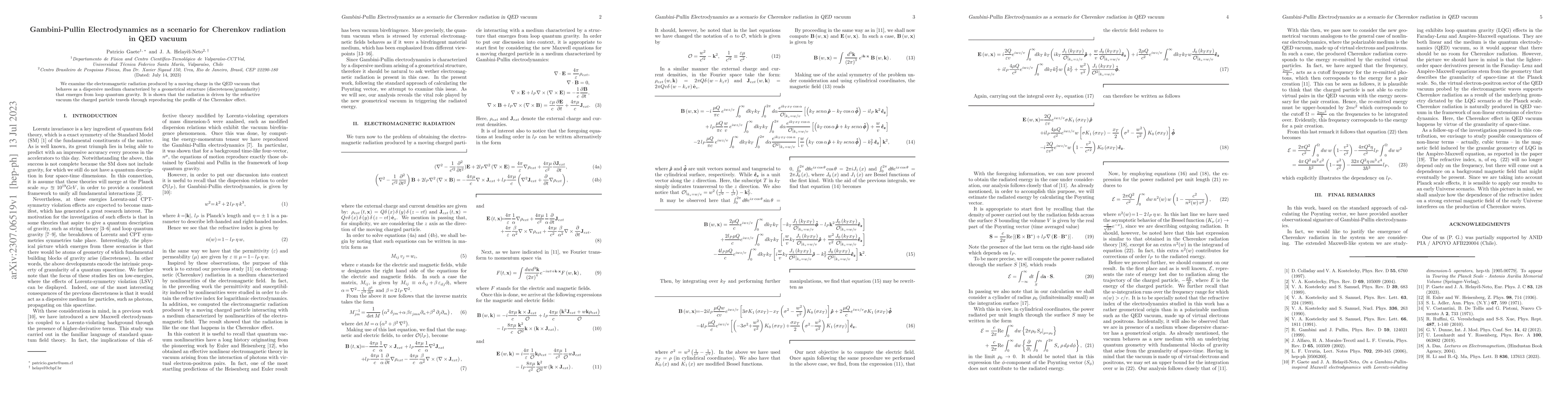 Thumbnail for Gambini-Pullin Electrodynamics as a scenario for Cherenkov radiation in
  QED vacuum