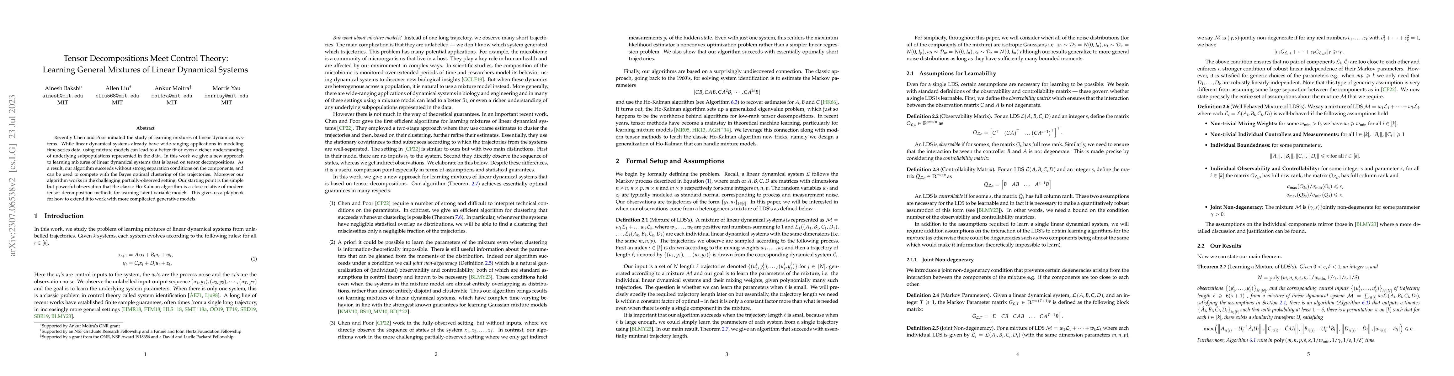 Thumbnail for Tensor Decompositions Meet Control Theory: Learning General Mixtures of
  Linear Dynamical Systems