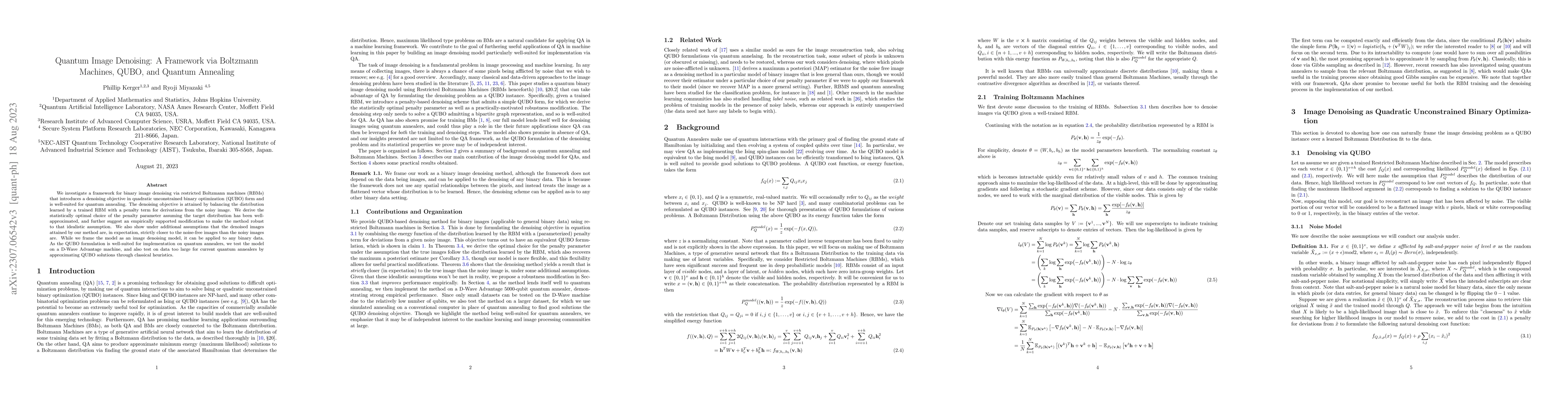 Thumbnail for Quantum Image Denoising: A Framework via Boltzmann Machines, QUBO, and
  Quantum Annealing