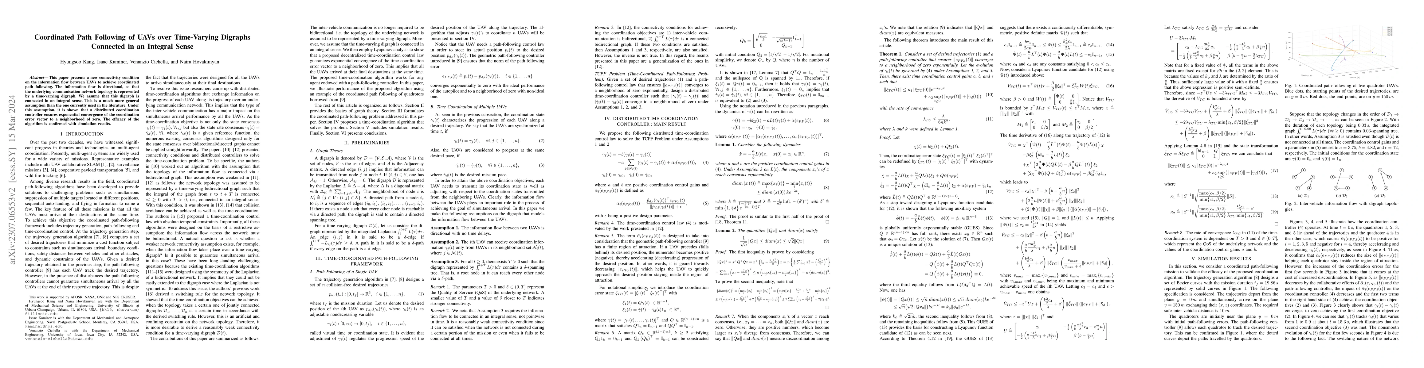 Thumbnail for Coordinated Path Following of UAVs over Time-Varying Digraphs Connected
  in an Integral Sense
