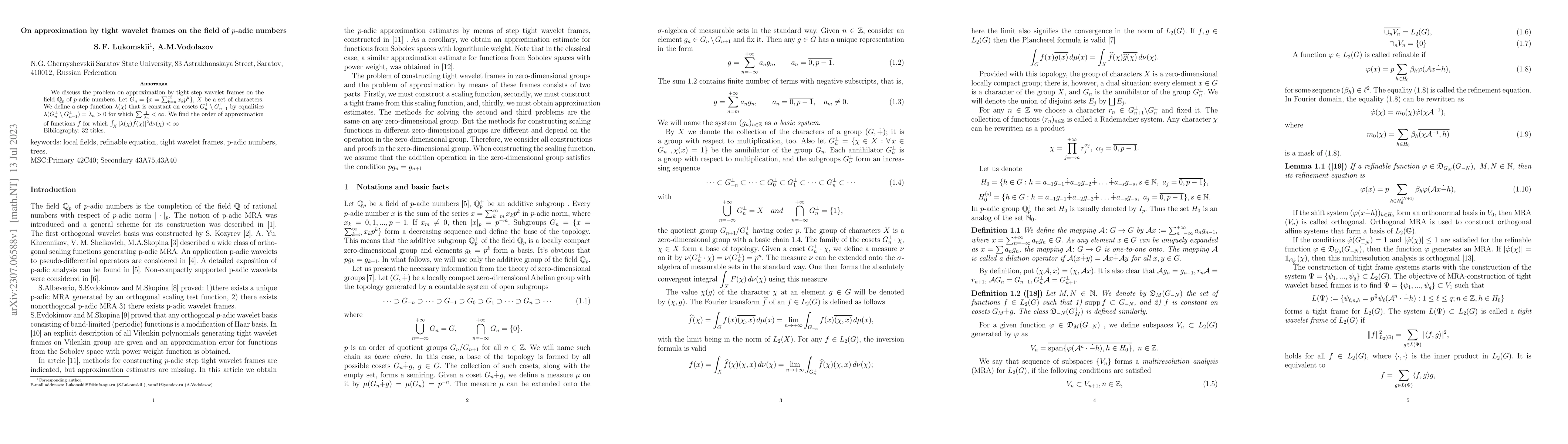 Thumbnail for On approximation by tight wavelet frames on the field of $p$-adic
  numbers