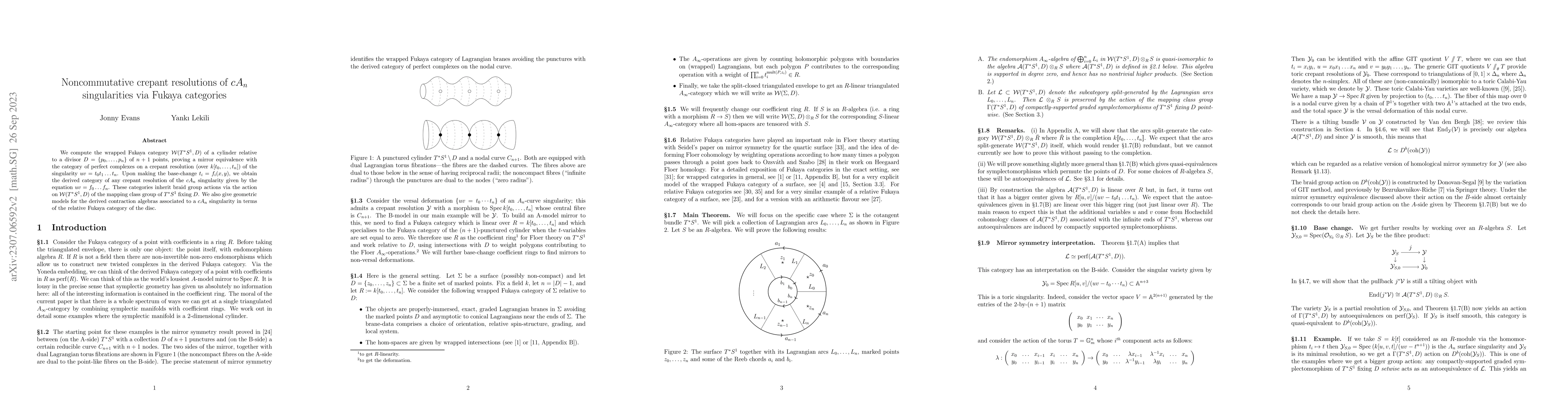 Thumbnail for Noncommutative crepant resolutions of $cA_n$ singularities via Fukaya
  categories