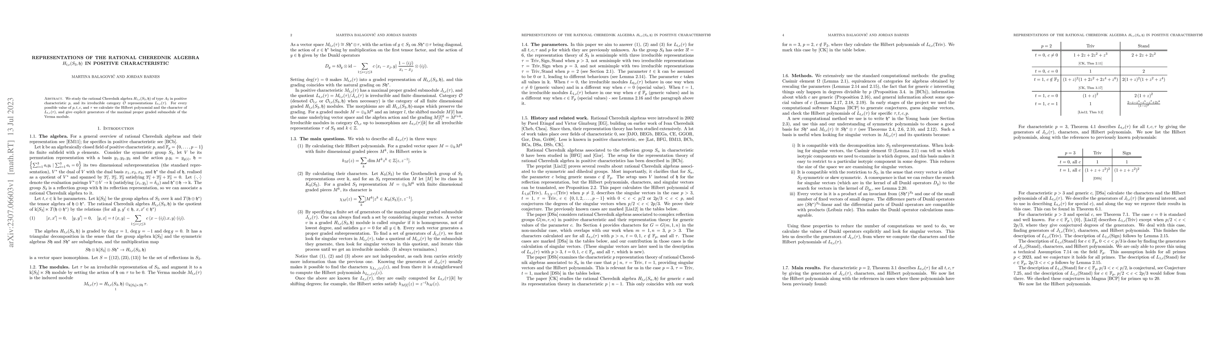 Thumbnail for Representations of the rational Cherednik algebra $H_{t,c}(S_3,\h)$ in
  positive characteristic