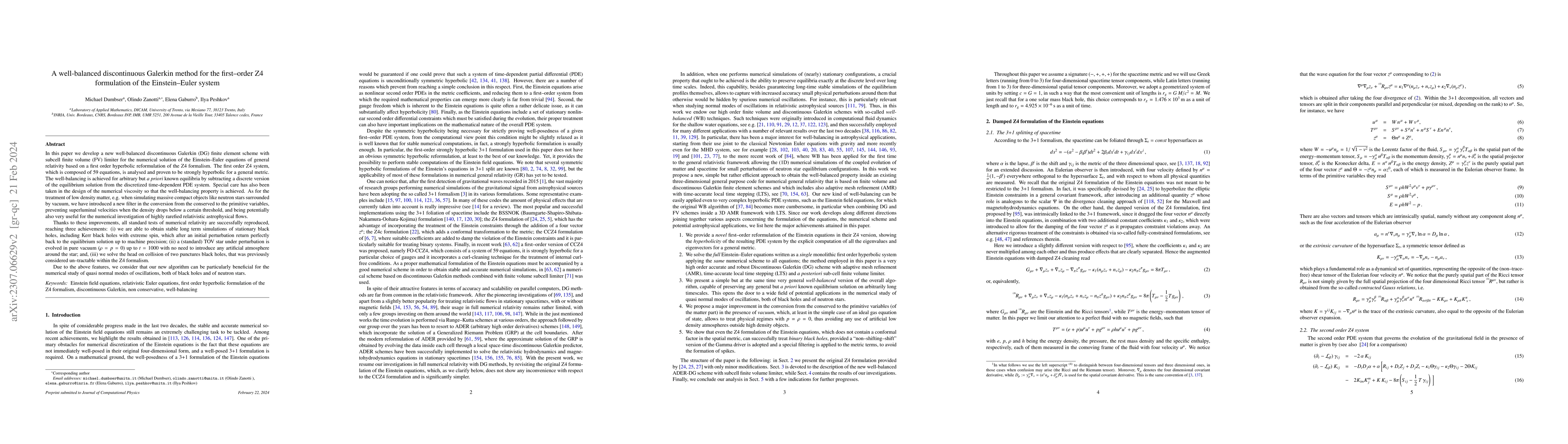 Thumbnail for A well-balanced discontinuous Galerkin method for the first--order Z4
  formulation of the Einstein--Euler system