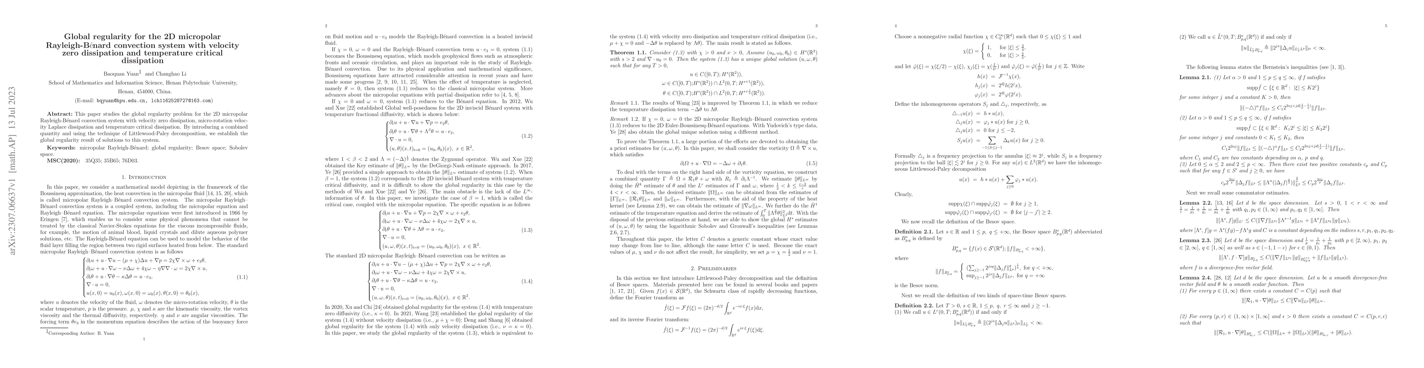 Thumbnail for Global regularity for the 2D micropolar Rayleigh-B\'{e}nard convection
  system with velocity zero dissipation and temperature critical dissipation
