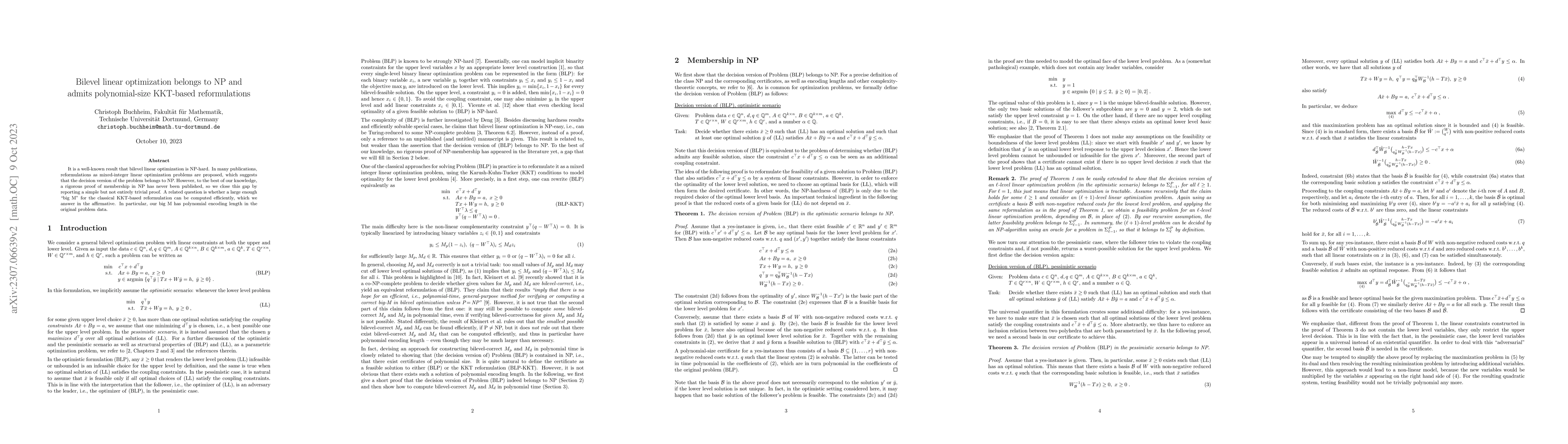 Thumbnail for Bilevel linear optimization belongs to NP and admits polynomial-size
  KKT-based reformulations