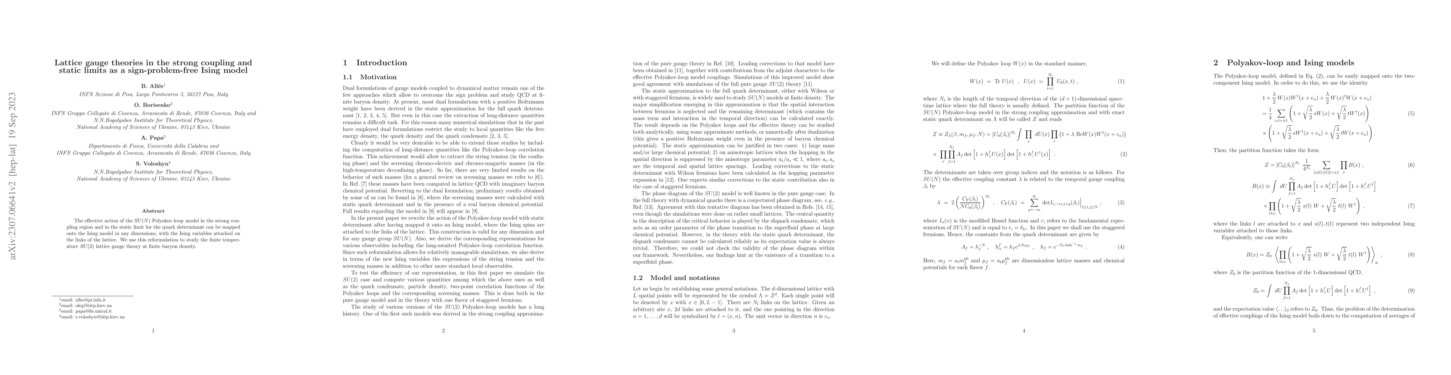 Thumbnail for Lattice gauge theories in the strong coupling and static limits as a
  sign-problem-free Ising model