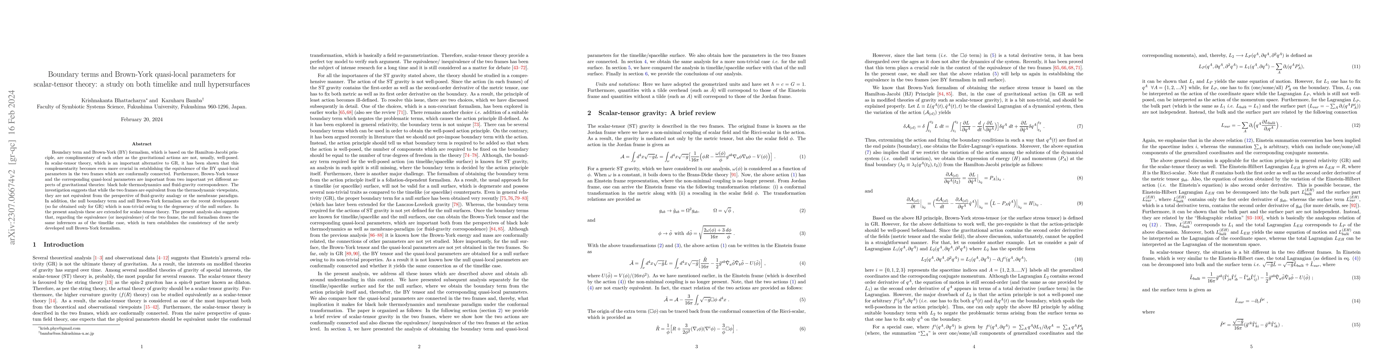 Thumbnail for Boundary terms and Brown-York quasi-local parameters for scalar-tensor
  theory: a study on both timelike and null hypersurfaces